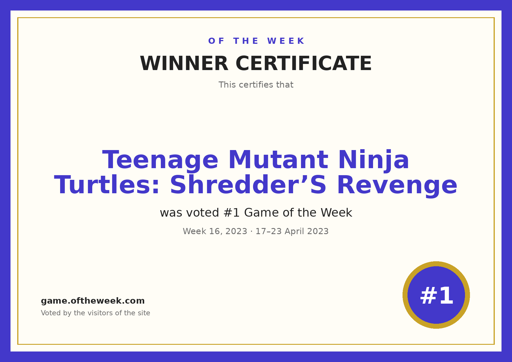Certificate — Teenage Mutant Ninja Turtles: Shredder’S Revenge