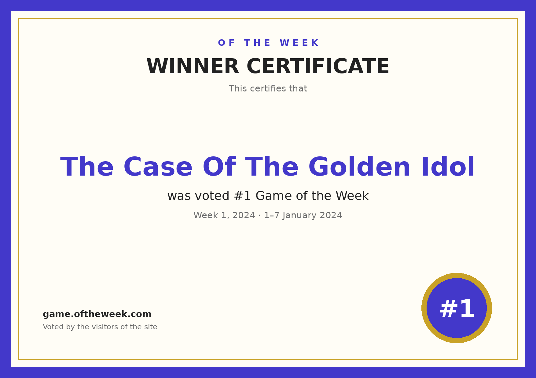 Certificate — The Case Of The Golden Idol