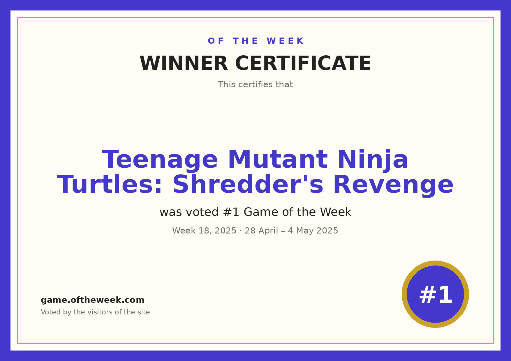 Certificate — Teenage Mutant Ninja Turtles: Shredder's Revenge
