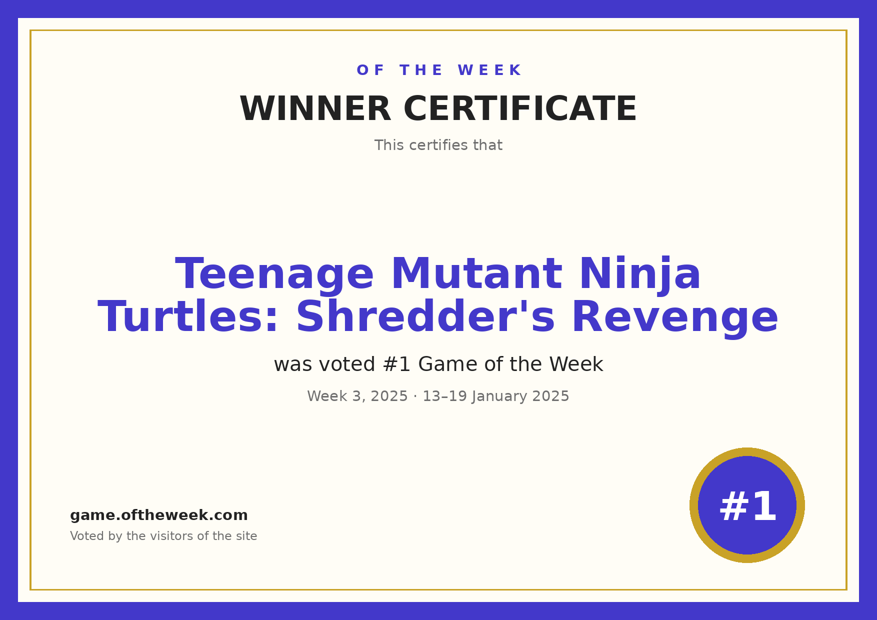 Certificate — Teenage Mutant Ninja Turtles: Shredder's Revenge